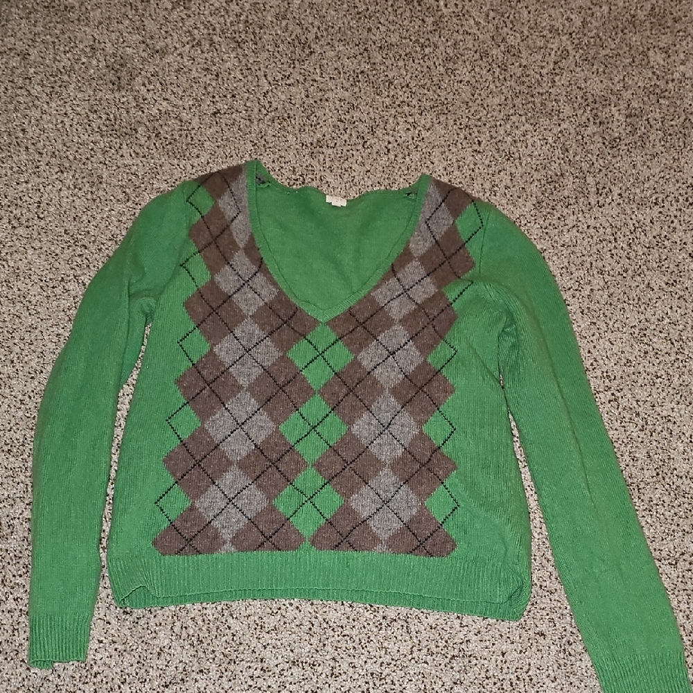 J. Crew Green Argyle V-Neck Sweater XL